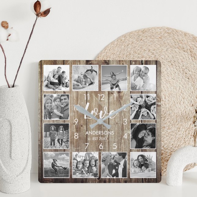 Custom Family Photo Rustic Farmhouse Love Script Square Wall Clock (Creator Uploaded)