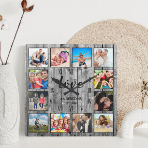 Custom Family Photo Rustic Farmhouse Love Script Square Wall Clock