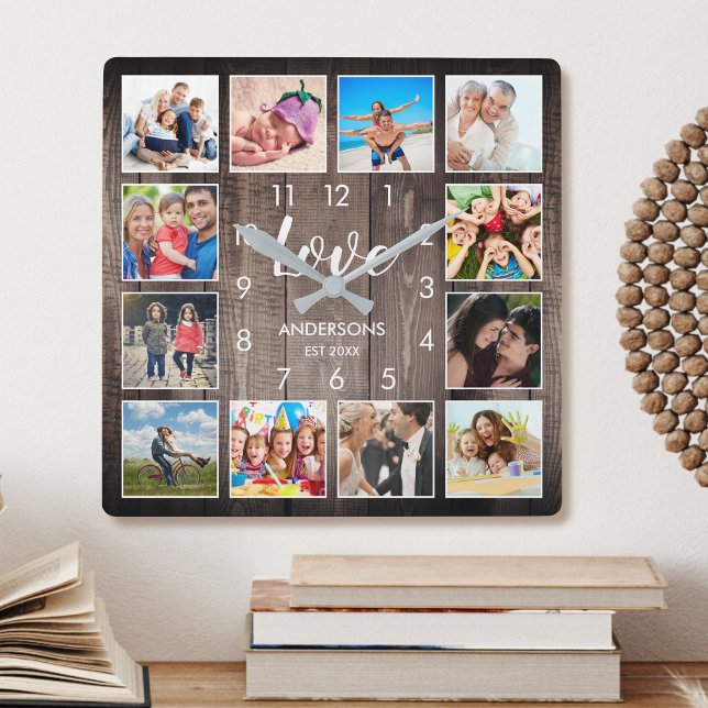 Custom Family Photo Rustic Farmhouse Love Script Square Wall Clock (Creator Uploaded)