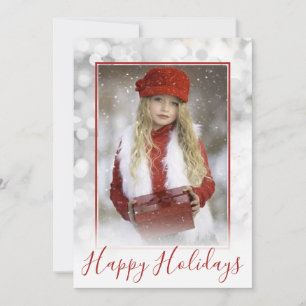Custom Family Photo Silver Bokeh Red Christmas Holiday Card