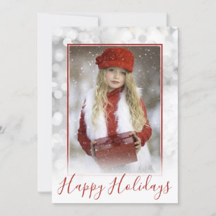 Custom Family Photo Silver Bokeh Red Christmas Holiday Card