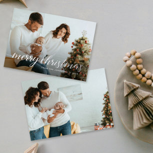 Custom Family Photo Silver Foil Merry Christmas Holiday Card