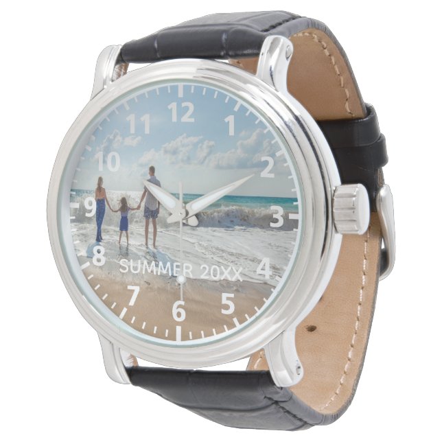 Custom family photo summer vacation text white watch (Angled)