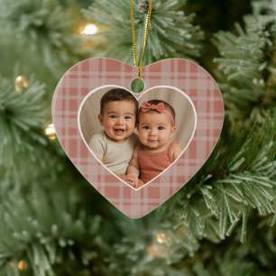 Custom Family Photo Terracotta Beige Plaid Holiday Ceramic Tree Decoration