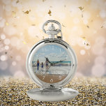 Custom family photo travel vacation text white pocket watch<br><div class="desc">Add your own favourite photo from a summer vacation,  travel,  kids,  girlfriend/boyfriend or pet.  White numbers.  Template for your text,  white letters.  A great gift or keepsake from your travels or honeymoon.</div>