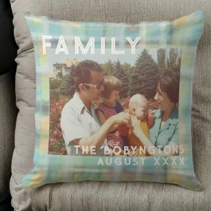 Custom family photo typography pastel plaid tartan cushion