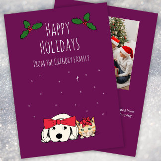 Custom Family Photo Whimsical Cat Dog Holiday Card