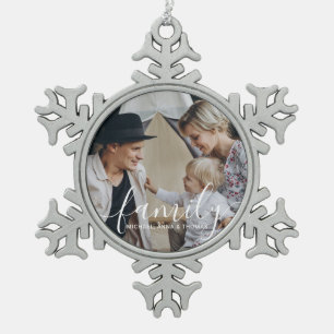 Custom family photo with custom name snowflake pewter christmas ornament