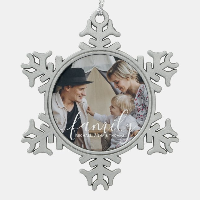 Custom family photo with custom name snowflake pewter christmas ornament (Front)