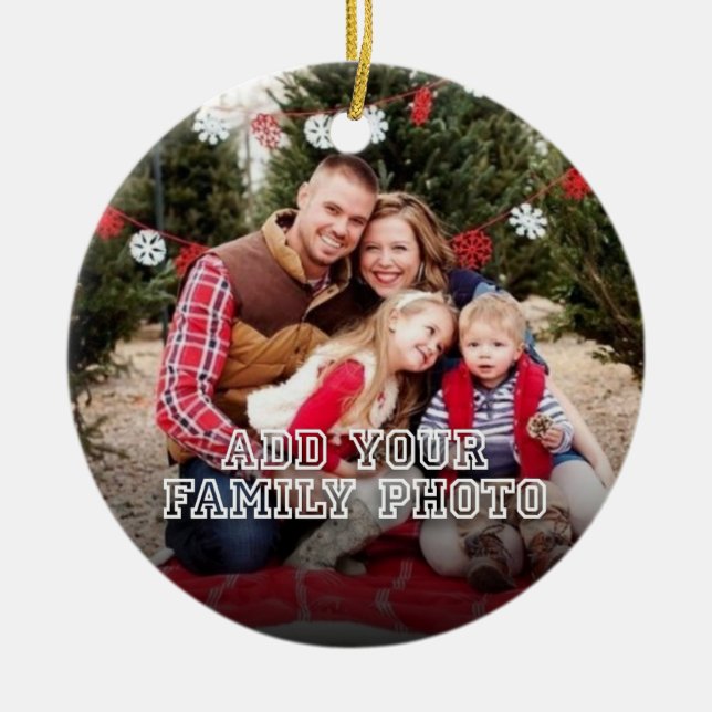 Custom Family photo with quote Christmas Ceramic Tree Decoration (Front)
