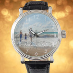 Custom family photo with text watch white<br><div class="desc">Add your own favourite photo from a summer vacation,  travel,  kids,  girlfriend/boyfriend or pet.  White numbers.  Template for your text,  white letters.  A great gift or keepsake from your travels or honeymoon.</div>
