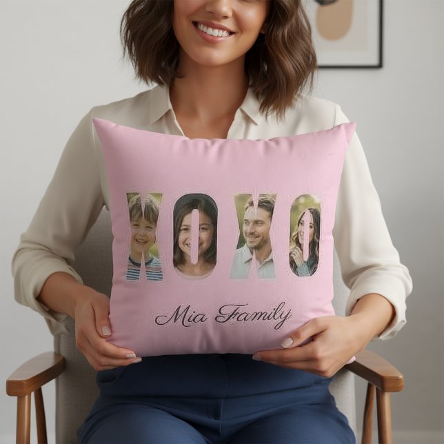 Custom Family Photo XOXO Pink Valentine’s Day Cushion (Creator Uploaded)