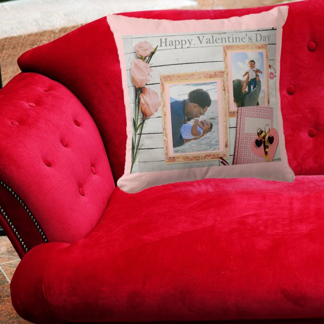 Custom Family Photos Rustic Valentines Pink Roses Cushion (Creator Uploaded)