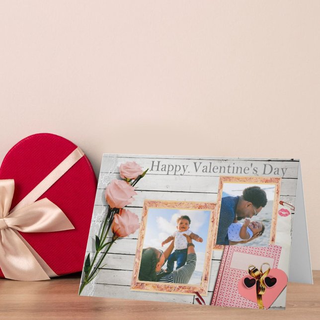 Custom Family Photos Rustic Valentines Pink Roses Holiday Card (Creator Uploaded)