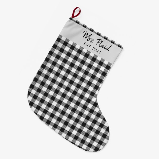 Custom Family Plaid Black White Buffalo Chequered Large Christmas Stocking (Front (Hanging))