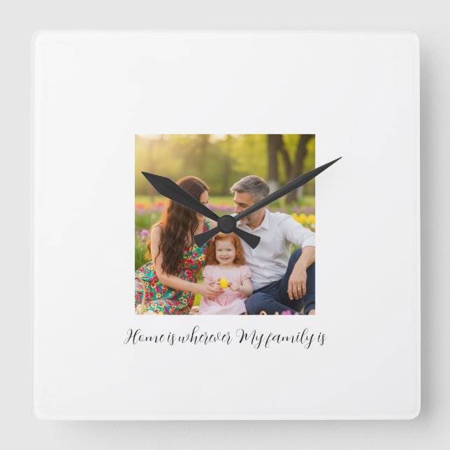 Custom Family Portrait Personalised Message Square Wall Clock (Front)