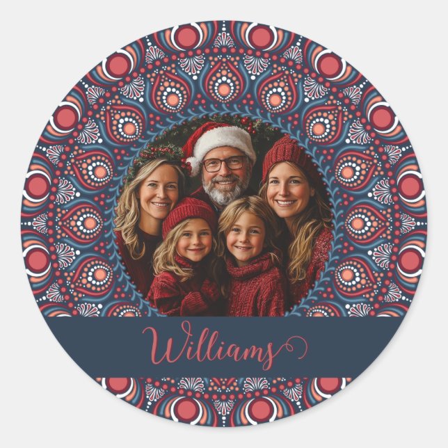 Custom Family Portrait Russet Christmas Mandala Classic Round Sticker (Front)