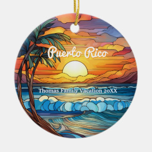 Custom Family Puerto Rico Trip Faux Stained Glass Ceramic Tree Decoration