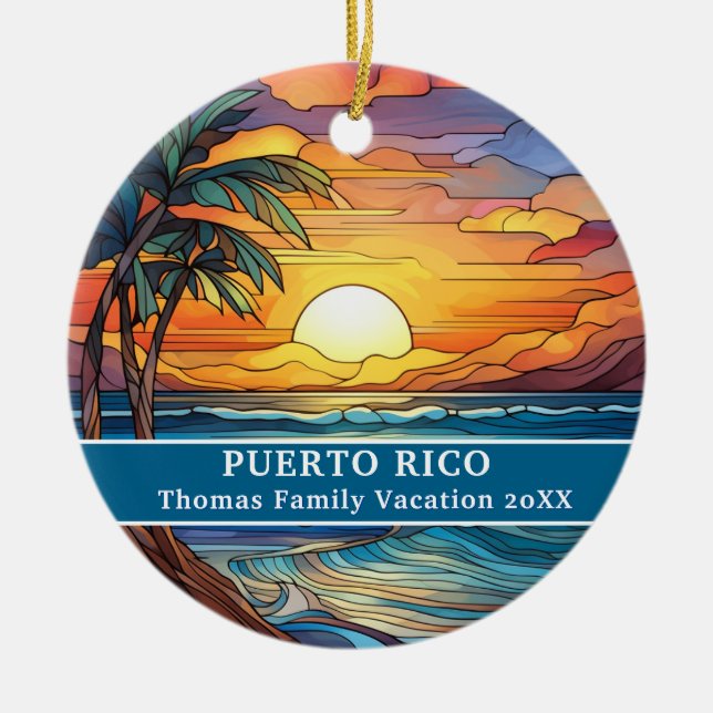 Custom Family Puerto Rico Trip Faux Stained Glass Ceramic Tree Decoration (Front)