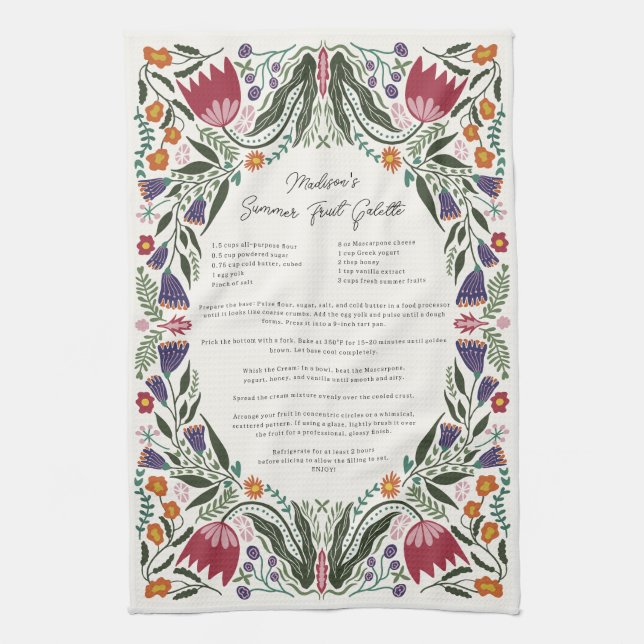 Custom Family Recipe Folk Art Flowers Tea Towel (Vertical)