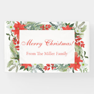 Custom Family Red Floral Merry Christmas Banner
