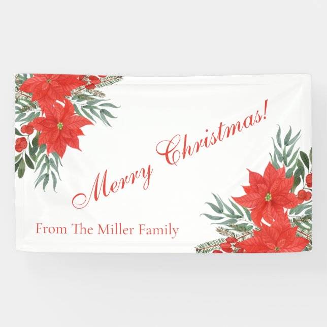 Custom Family Red Flowers Merry Christmas Banner (Horizontal)