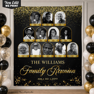 Custom Family Reunion Banner, 12 Photo Black Gold Tapestry