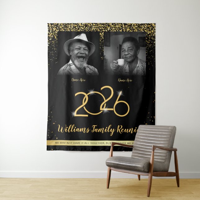 Custom Family Reunion Banner, 2 Photo Black Gold Tapestry (In Situ)