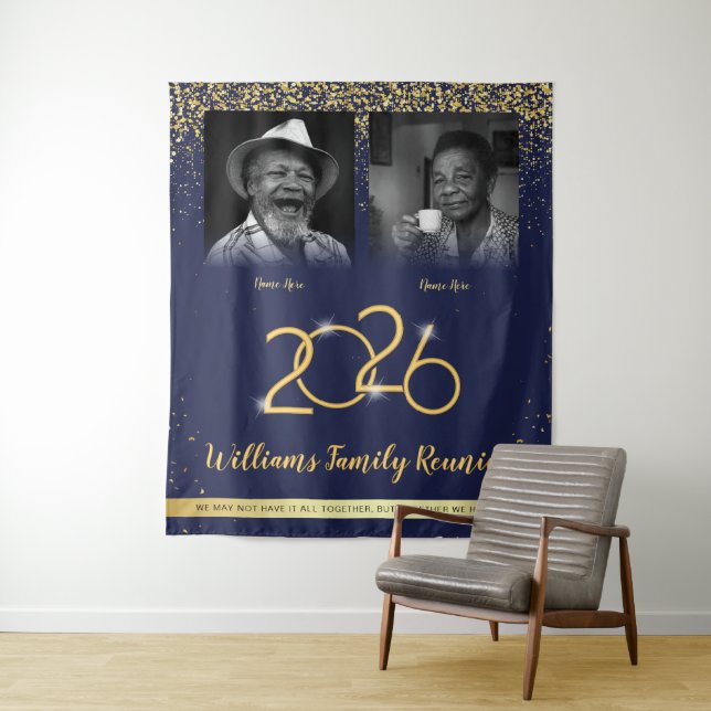 Custom Family Reunion Banner, 2 Photo Blue Gold Tapestry (In Situ)