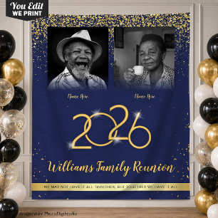 Custom Family Reunion Banner, 2 Photo Blue Gold Tapestry