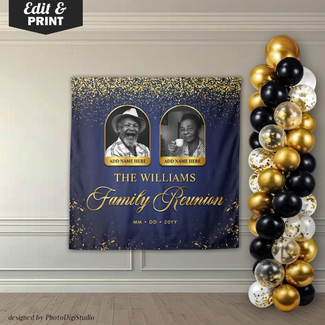 Custom Family Reunion Banner, 2 Photo Blue Gold Tapestry (Custom Family Reunion Banner, 2 Photo Blue Gold Tapestry)