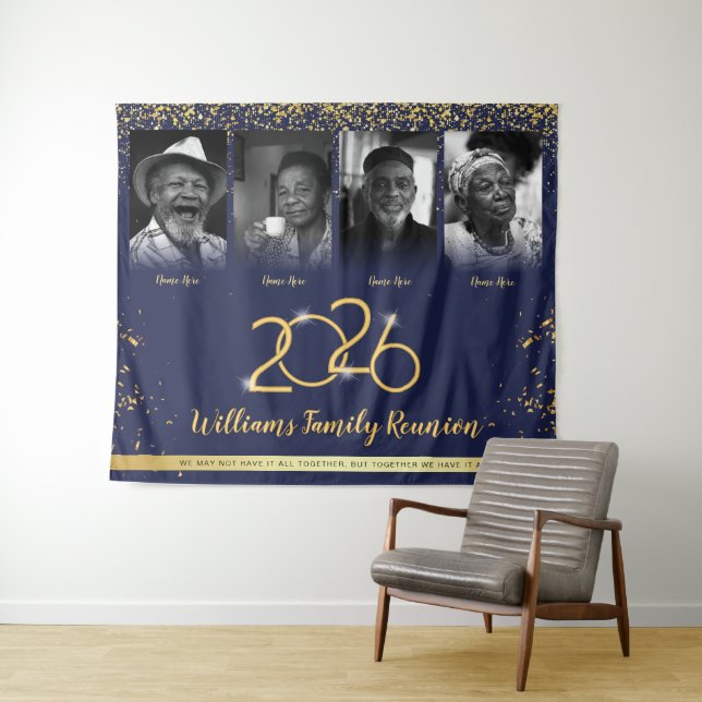 Custom Family Reunion Banner, 4 Photo Blue Gold Tapestry (In Situ (Horizontal))