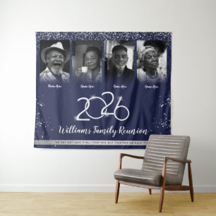 Custom Family Reunion Banner, 4 Photo Blue Silver  Tapestry