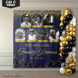 Custom Family Reunion Banner, 7 Photo Blue Gold Tapestry