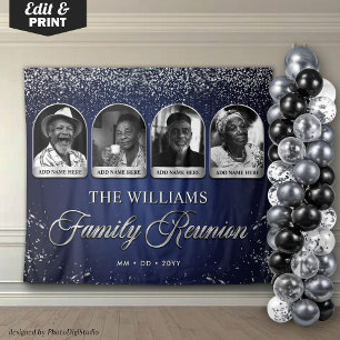 Custom Family Reunion Banner, 7 Photo Blue Silver Tapestry