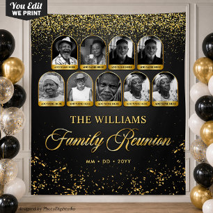 Custom Family Reunion Banner, 9 Photo Black Gold Tapestry