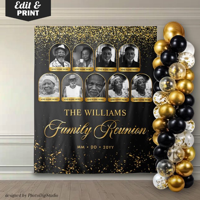 Custom Family Reunion Banner, 9 Photo Black Gold Tapestry (Custom Family Reunion Banner, 9 Photo Black Gold Tapestry)