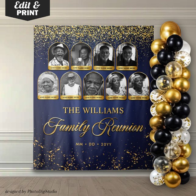 Custom Family Reunion Banner, 9 Photo Blue Gold Tapestry (Custom Family Reunion Banner, 9 Photo Blue Gold Tapestry)