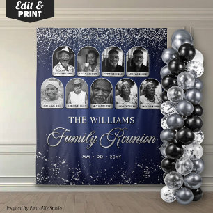 Custom Family Reunion Banner, 9 Photo Blue Silver Tapestry