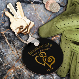 Custom Family Reunion Black Gold Linked Hearts Key Ring