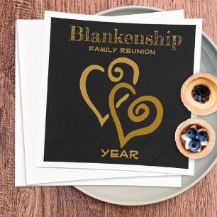 Custom Family Reunion Black Gold Linked Hearts  Napkin