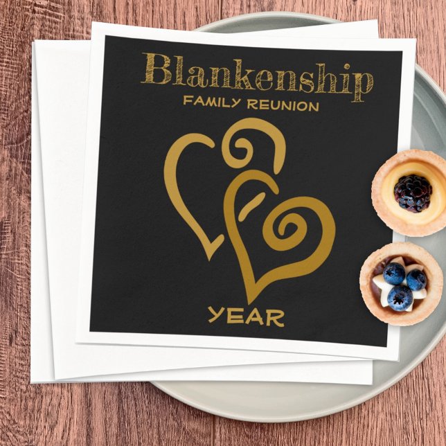 Custom Family Reunion Black Gold Linked Hearts  Napkin (Creator Uploaded)
