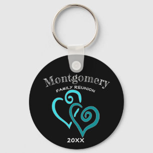 Custom Family Reunion Blue Turquoise Linked Heart Key Ring