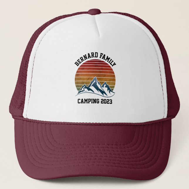 CUSTOM FAMILY REUNION CAMPING SUNSET MOUNTAIN TRIP TRUCKER HAT (Front)