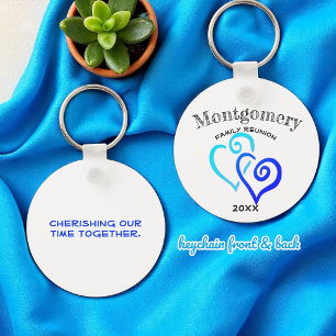 Custom Family Reunion Dark Light Blue Linked Heart Key Ring