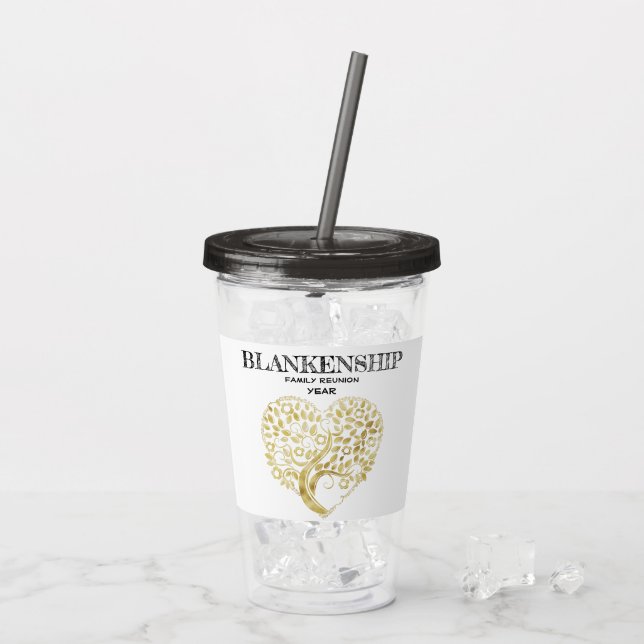 Custom Family Reunion Gold Heart Tree Keepsake Acrylic Tumbler (Back Ice)