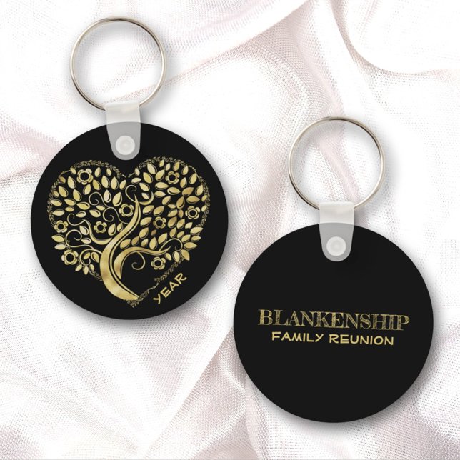 Custom Family Reunion Gold Heart Tree Two Sided Key Ring (Creator Uploaded)