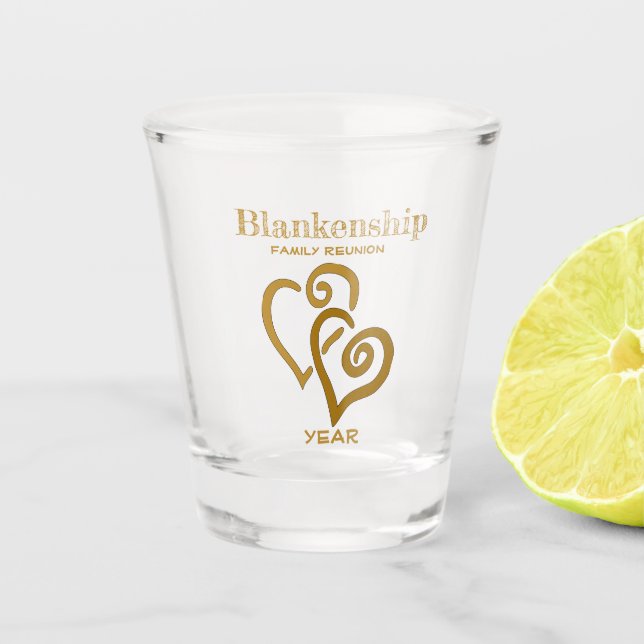 Custom Family Reunion Gold Linked Heart Art Shot Glass (Front)