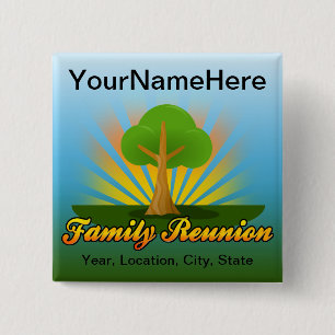 Custom Family Reunion, Green Tree with Sun Rays 15 Cm Square Badge
