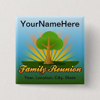 Custom Family Reunion, Green Tree with Sun Rays 15 Cm Square Badge